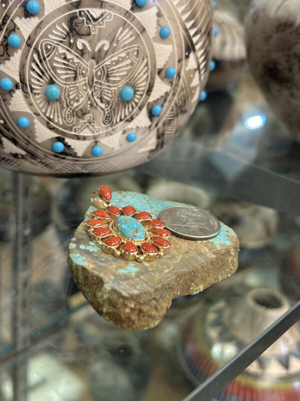 Mediterranean Coral & Birdseye Spiderweb Turquoise 14K Navajo Handmade Pendant - Image 4