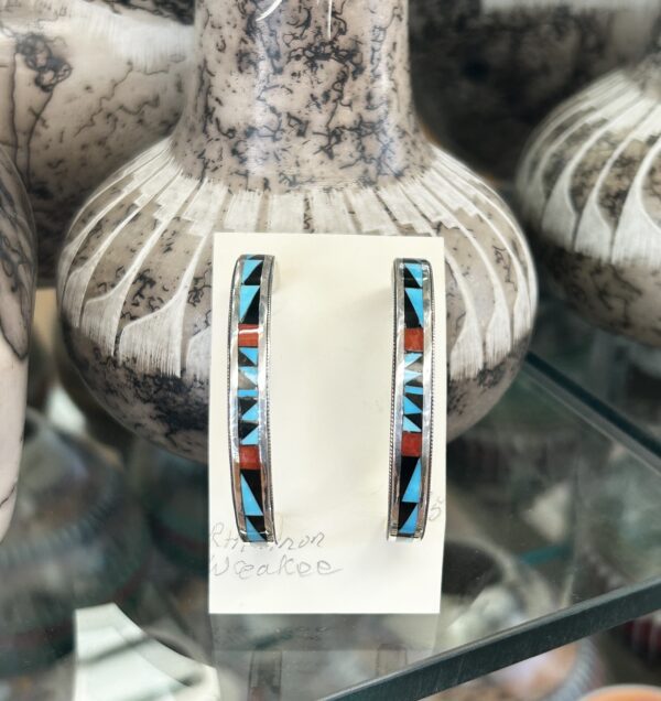 Zuni Sleeping Beauty Turquoise, Coral Multi Stone Sterling Silver Hoop Earrings - Image 4