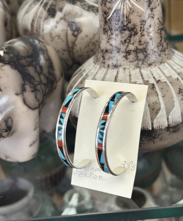 Zuni Sleeping Beauty Turquoise, Coral Multi Stone Sterling Silver Hoop Earrings - Image 3