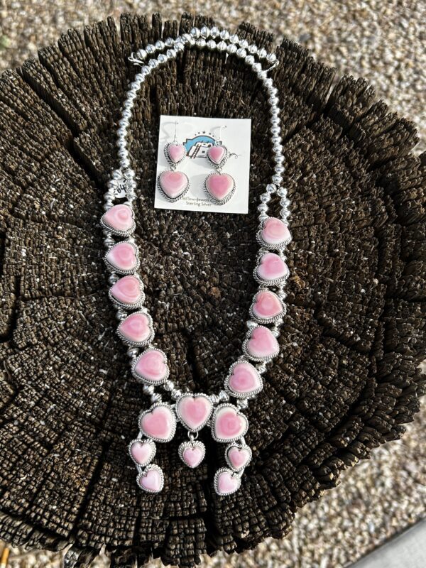 Pink Queen Conch Shell Sterling Silver Heart Squash Blossom Necklace and Earrings Set