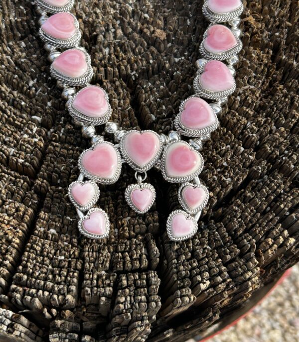 Pink Queen Conch Shell Sterling Silver Heart Squash Blossom Necklace and Earrings Set - Image 9