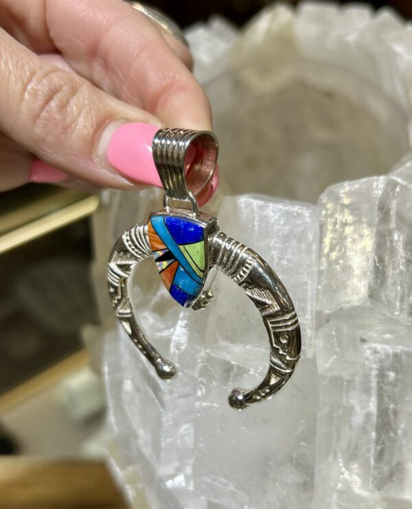 Multi Stone Inlay Lapis, Spiny Oyster Shell, Turquoise, Opal Sterling Silver Naja Pendant - Image 3