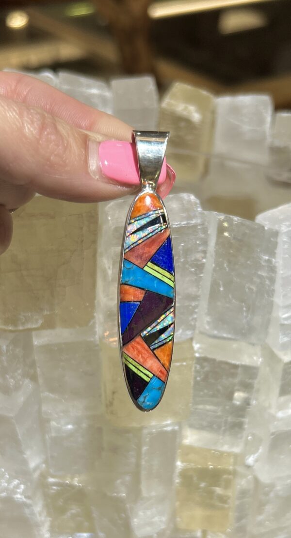 Multi Stone Colorful Inlay Sterling Silver Navajo Handmade Oval Pendant - Image 2