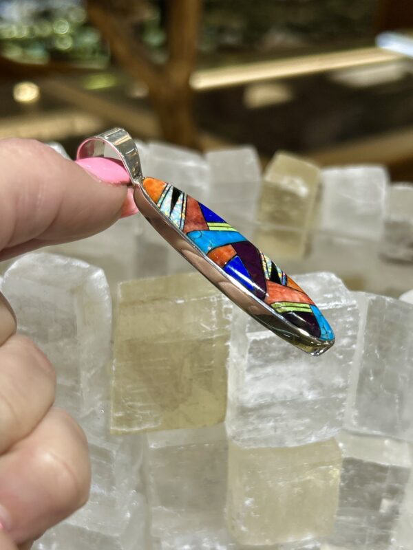 Multi Stone Colorful Inlay Sterling Silver Navajo Handmade Oval Pendant - Image 4