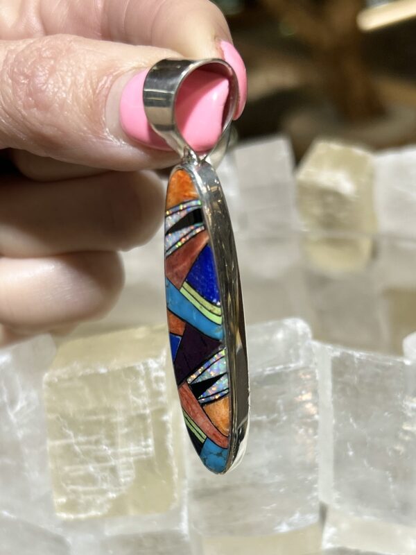 Multi Stone Colorful Inlay Sterling Silver Navajo Handmade Oval Pendant - Image 8