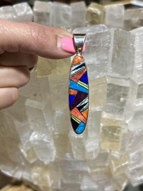 Multi Stone Colorful Inlay Sterling Silver Navajo Handmade Oval Pendant