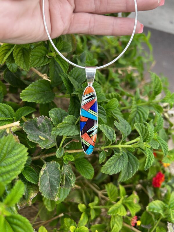 Multi Stone Colorful Inlay Sterling Silver Navajo Handmade Oval Pendant - Image 5