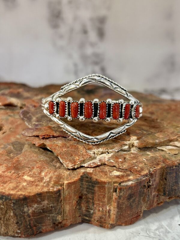 Navajo Handmade Coral Sterling Silver Unique Design Cuff Bracelet