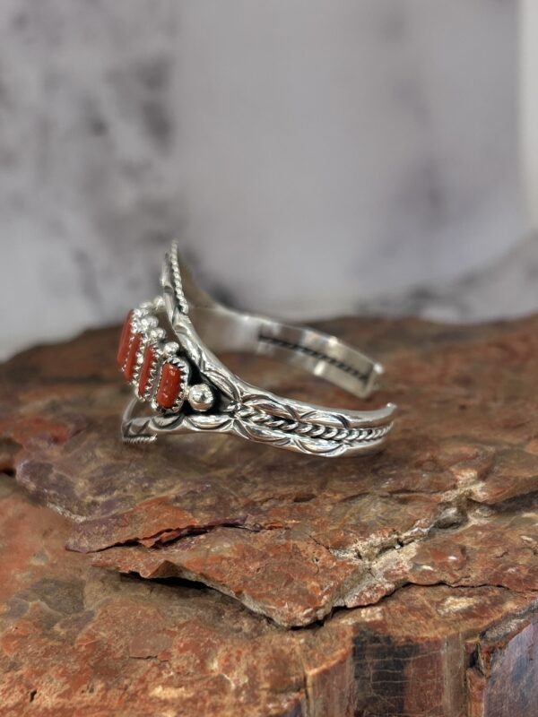 Navajo Handmade Coral Sterling Silver Unique Design Cuff Bracelet - Image 5