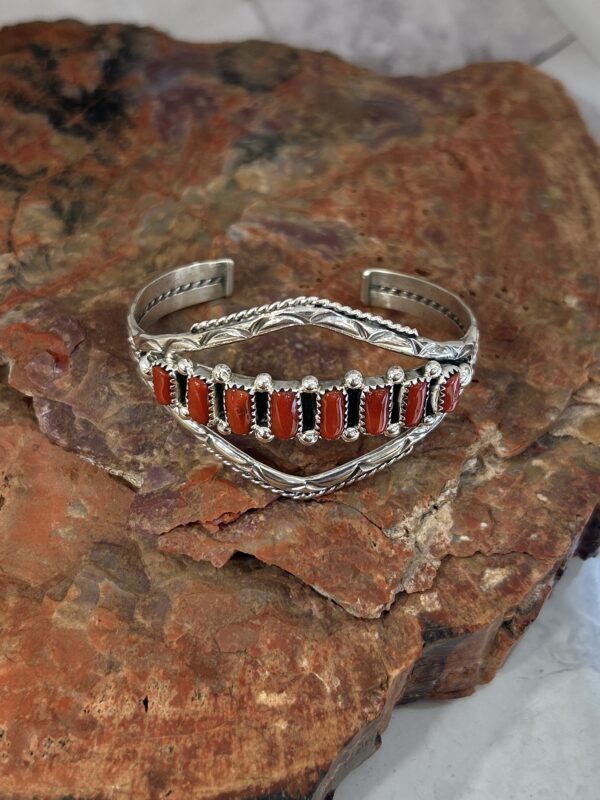 Navajo Handmade Coral Sterling Silver Unique Design Cuff Bracelet - Image 6