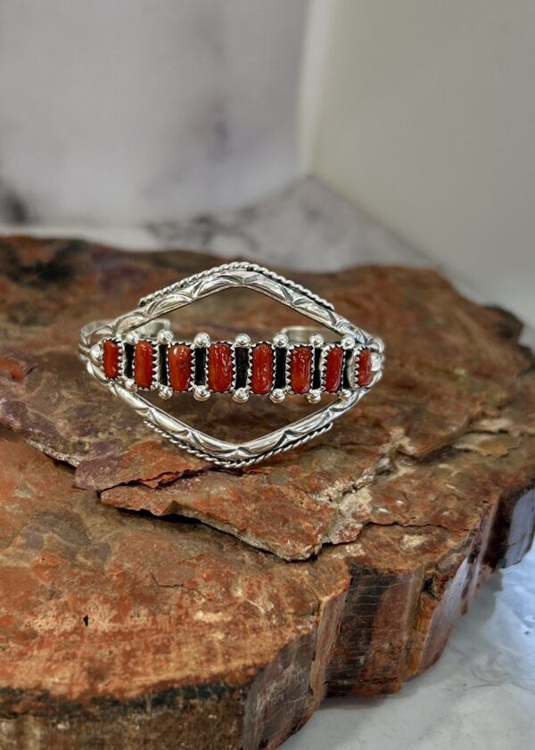 Navajo Handmade Coral Sterling Silver Unique Design Cuff Bracelet - Image 7