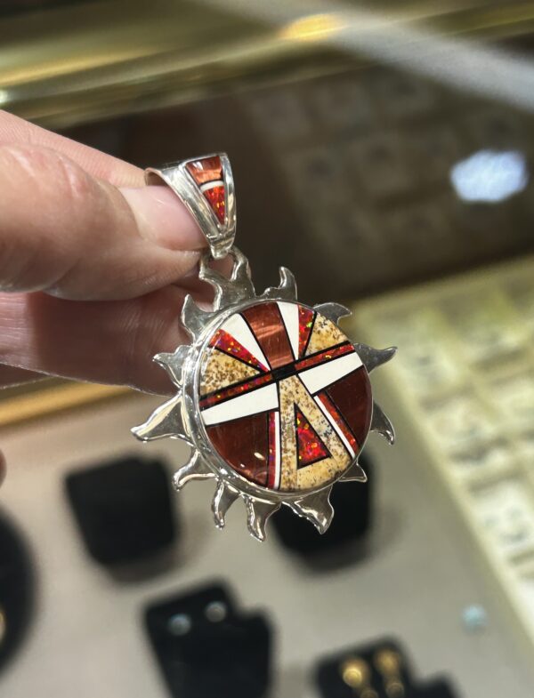 Fire Opal Inlay Multistone Red Tigers Eye with Jasper Sterling Silver Sun Pendant - Image 5