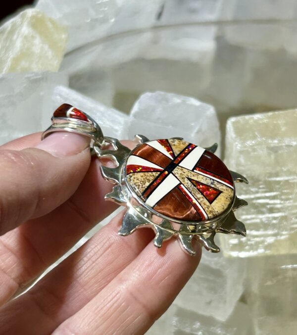 Fire Opal Inlay Multistone Red Tigers Eye with Jasper Sterling Silver Sun Pendant - Image 3