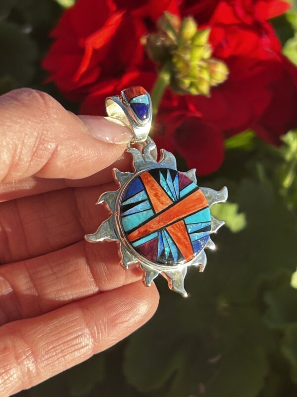 Navajo Multistone Opal Inlay Spiny Oyster Shell Sterling Silver Sun Pendant - Image 6