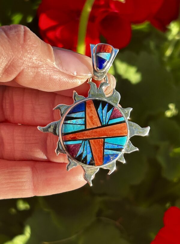 Navajo Multistone Opal Inlay Spiny Oyster Shell Sterling Silver Sun Pendant