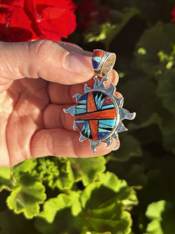 Navajo Multistone Opal Inlay Spiny Oyster Shell Sterling Silver Sun Pendant - Image 5