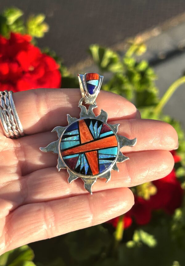 Navajo Multistone Opal Inlay Spiny Oyster Shell Sterling Silver Sun Pendant - Image 4