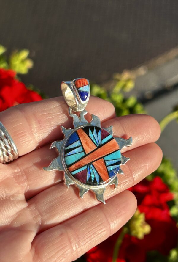 Navajo Multistone Opal Inlay Spiny Oyster Shell Sterling Silver Sun Pendant - Image 7