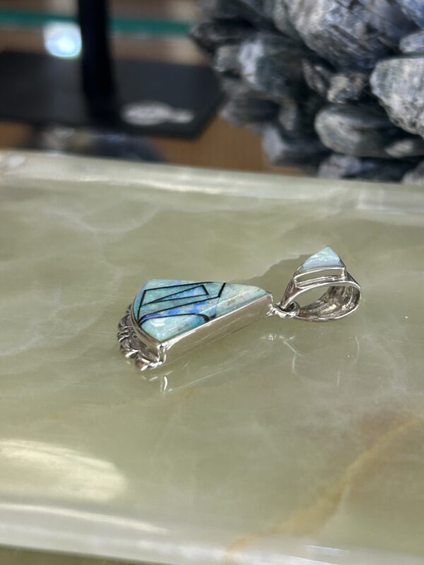 Australian Opal Inlay Sterling Silver Navajo Rick Telino Handmade Pendant with Sterling Siolver Chain - Image 8