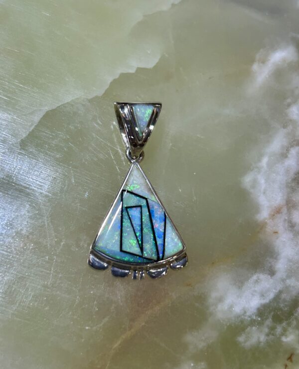 Australian Opal Inlay Sterling Silver Navajo Rick Telino Handmade Pendant with Sterling Siolver Chain