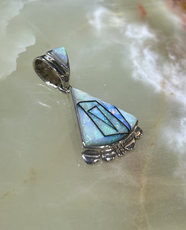 Australian Opal Inlay Sterling Silver Navajo Rick Telino Handmade Pendant with Sterling Siolver Chain - Image 5