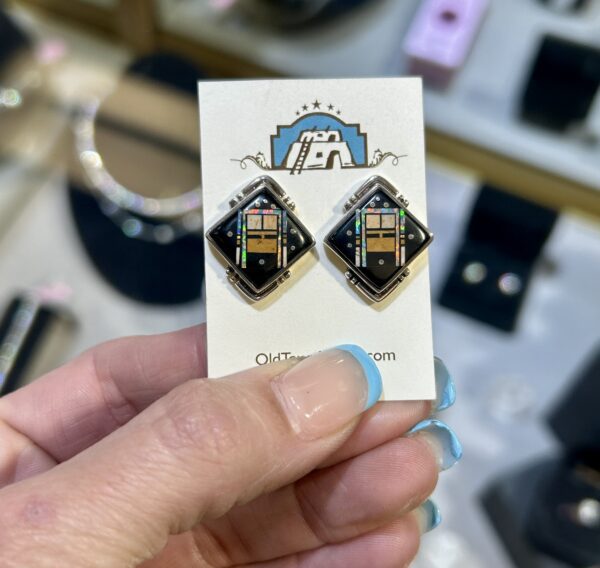Celestial Night Sky Inlay Kachina Sterling Silver Navajo Handmade Post Earrings - Image 8