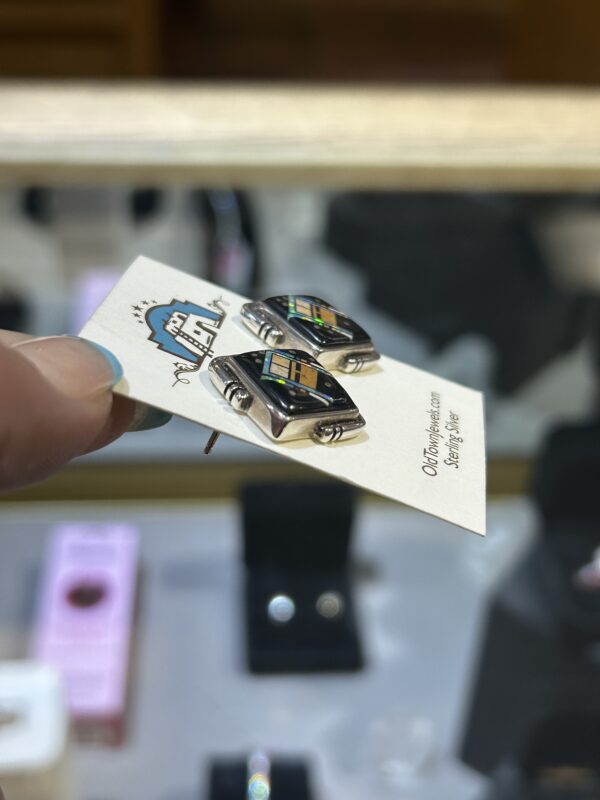 Celestial Night Sky Inlay Kachina Sterling Silver Navajo Handmade Post Earrings - Image 7