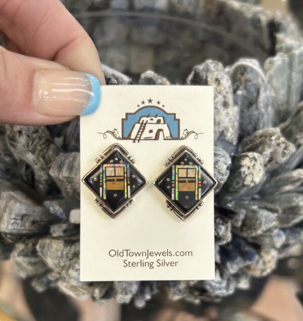 Celestial Night Sky Inlay Kachina Sterling Silver Navajo Handmade Post Earrings - Image 6