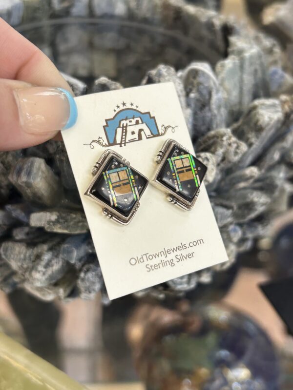 Celestial Night Sky Inlay Kachina Sterling Silver Navajo Handmade Post Earrings - Image 3