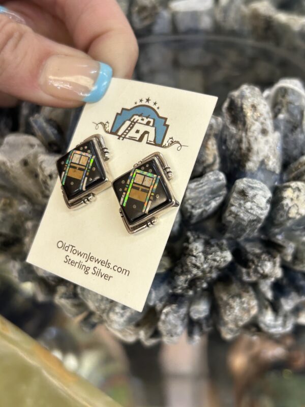 Celestial Night Sky Inlay Kachina Sterling Silver Navajo Handmade Post Earrings - Image 5