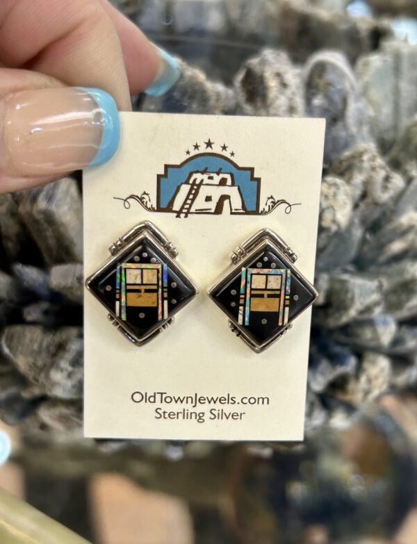 Celestial Night Sky Inlay Kachina Sterling Silver Navajo Handmade Post Earrings - Image 2