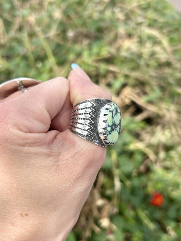 Pixie Spiderweb Variscite Sterling Silver Navajo Handmade Unisex Ring - Image 9