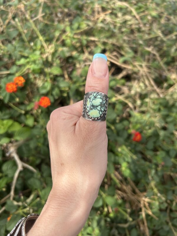 Pixie Spiderweb Variscite Sterling Silver Navajo Handmade Unisex Ring - Image 3