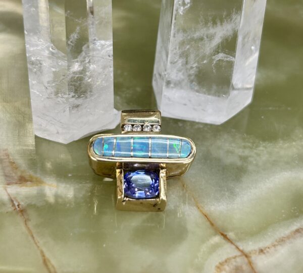 14K Gold Diamond Tanzanite With Australian Opal Inlay Pendant - Image 11