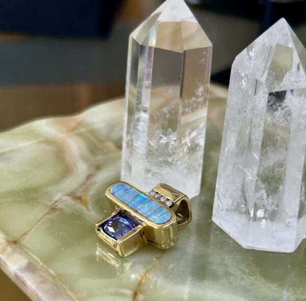 14K Gold Diamond Tanzanite With Australian Opal Inlay Pendant - Image 5