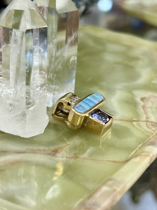 14K Gold Diamond Tanzanite With Australian Opal Inlay Pendant - Image 10