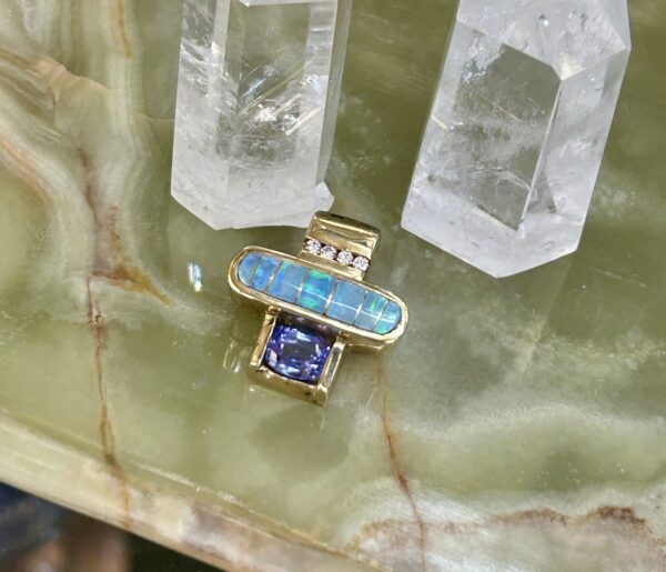 14K Gold Diamond Tanzanite With Australian Opal Inlay Pendant - Image 3