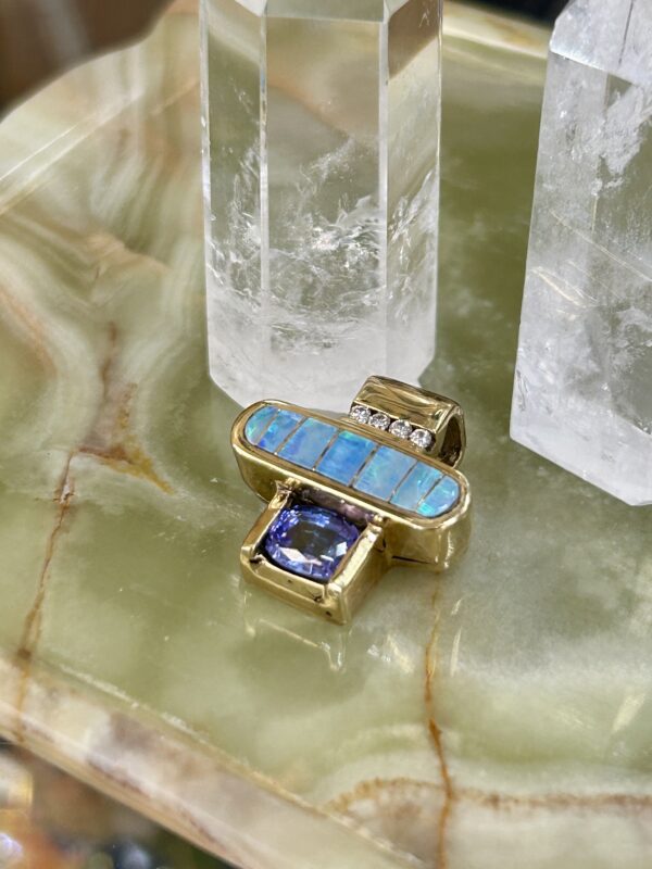 14K Gold Diamond Tanzanite With Australian Opal Inlay Pendant - Image 9