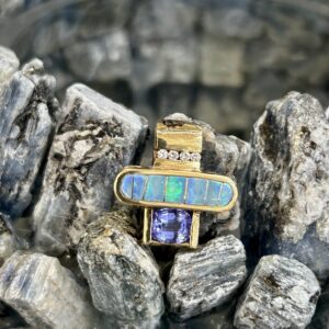 14K Gold Diamond Tanzanite With Australian Opal Inlay Pendant