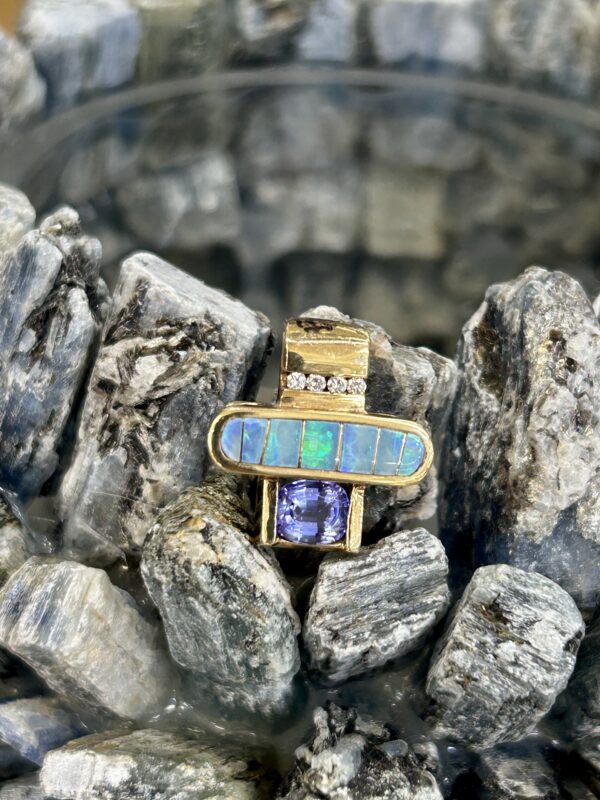 14K Gold Diamond Tanzanite With Australian Opal Inlay Pendant