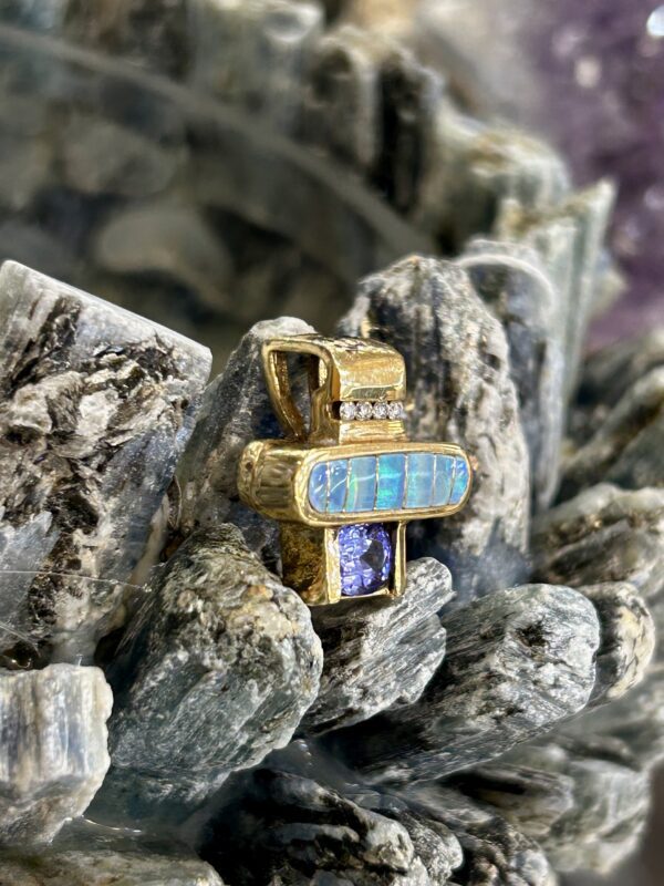 14K Gold Diamond Tanzanite With Australian Opal Inlay Pendant - Image 6