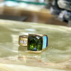 14K Gold Green Tourmaline with Inlay Australian Opal and Lapis Ring