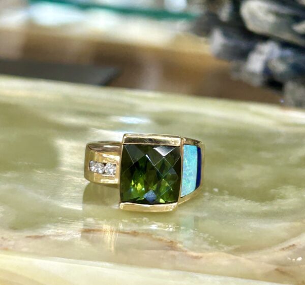 14K Gold Green Tourmaline with Inlay Australian Opal and Lapis Ring