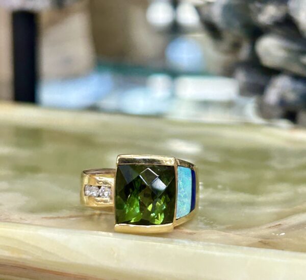 14K Gold Green Tourmaline with Inlay Australian Opal and Lapis Ring - Image 6