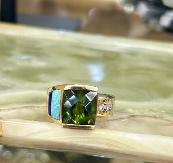 14K Gold Green Tourmaline with Inlay Australian Opal and Lapis Ring - Image 3