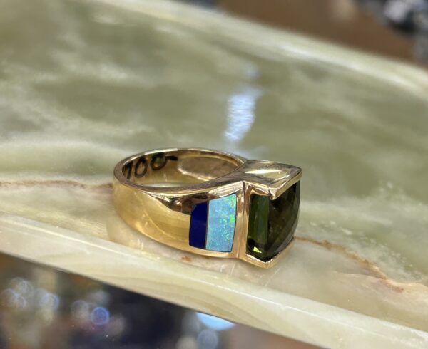 14K Gold Green Tourmaline with Inlay Australian Opal and Lapis Ring - Image 2