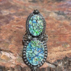 SpiderWeb Sterling Silver Opal Navajo Handmade 2 Stone Ring