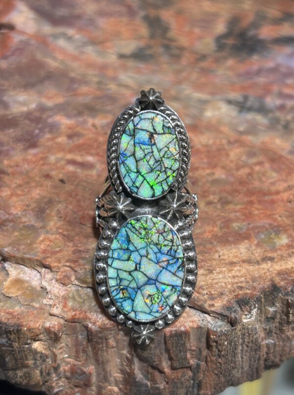 SpiderWeb Sterling Silver Opal Navajo Handmade 2 Stone Ring