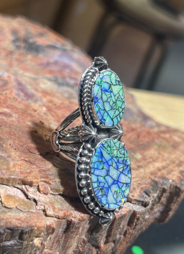 SpiderWeb Sterling Silver Opal Navajo Handmade 2 Stone Ring - Image 6