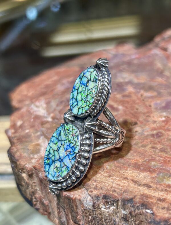 SpiderWeb Sterling Silver Opal Navajo Handmade 2 Stone Ring - Image 4
